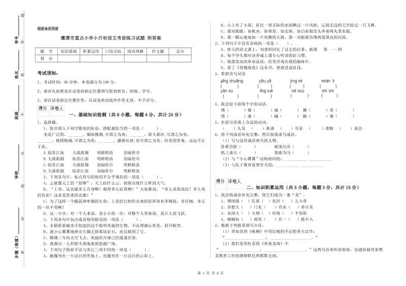 鹰潭市重点小学小升初语文考前练习试题 附答案.doc_第1页