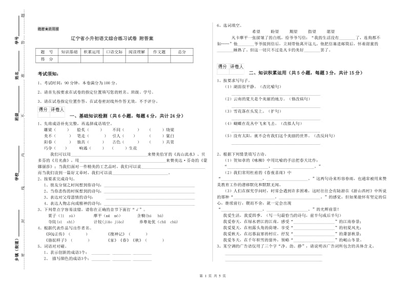 辽宁省小升初语文综合练习试卷 附答案.doc_第1页