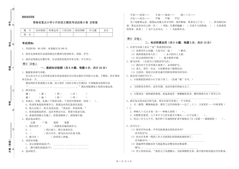 青海省重点小学小升初语文模拟考试试卷B卷 含答案.doc_第1页