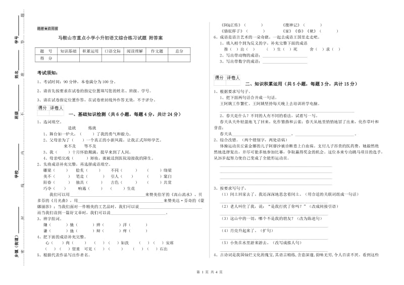 马鞍山市重点小学小升初语文综合练习试题 附答案.doc_第1页