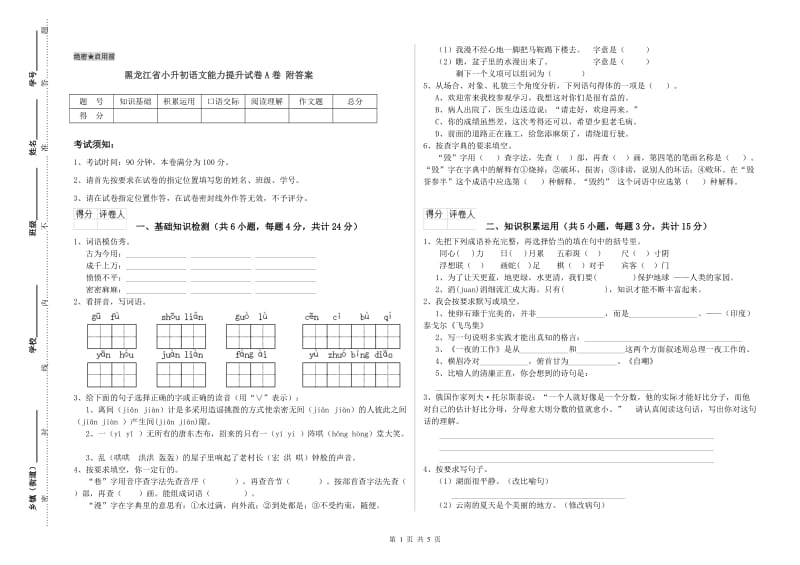 黑龙江省小升初语文能力提升试卷A卷 附答案.doc_第1页