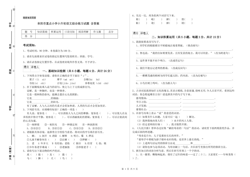 阜阳市重点小学小升初语文综合练习试题 含答案.doc_第1页