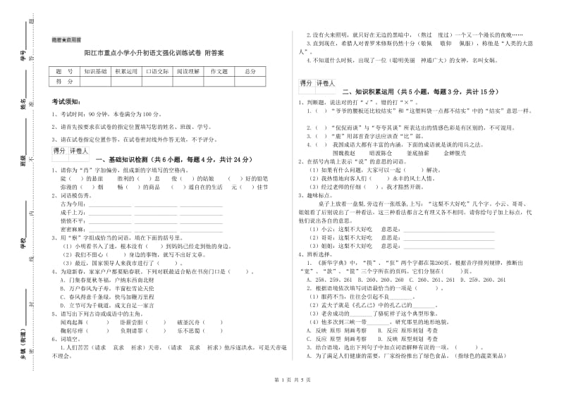 阳江市重点小学小升初语文强化训练试卷 附答案.doc_第1页