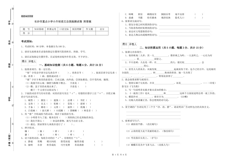 长沙市重点小学小升初语文自我检测试卷 附答案.doc_第1页