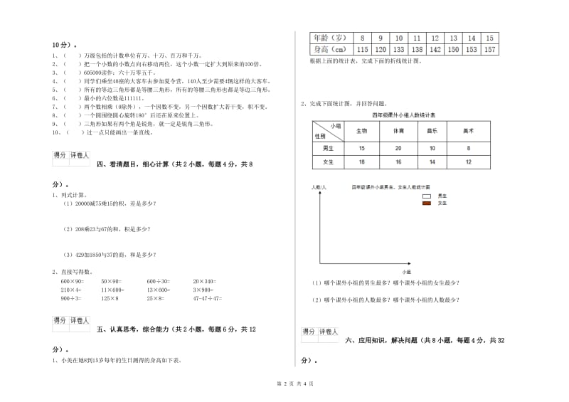 黑龙江省2019年四年级数学【上册】全真模拟考试试题 附答案.doc_第2页