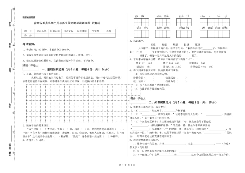 青海省重点小学小升初语文能力测试试题B卷 附解析.doc_第1页