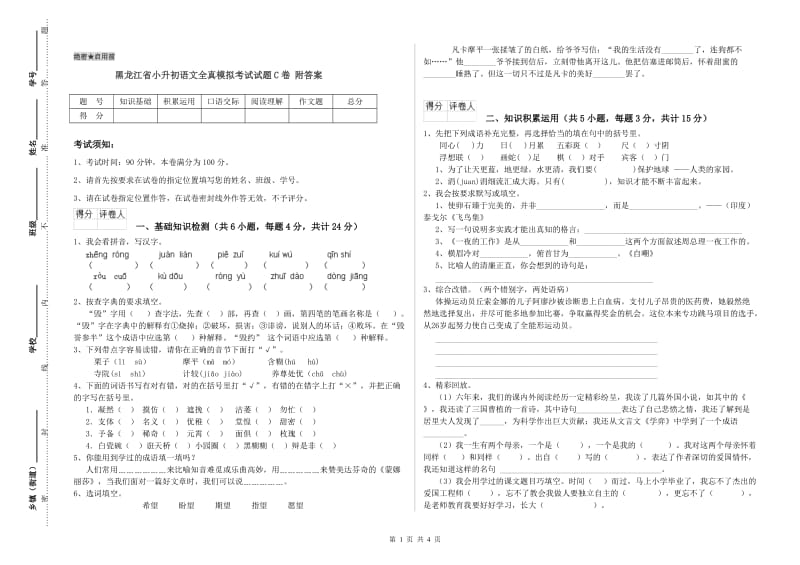 黑龙江省小升初语文全真模拟考试试题C卷 附答案.doc_第1页