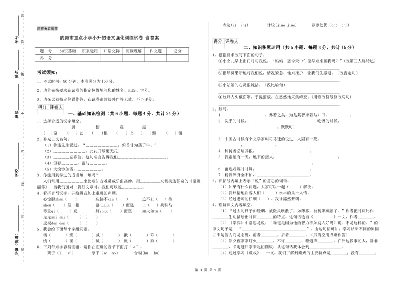 陇南市重点小学小升初语文强化训练试卷 含答案.doc_第1页