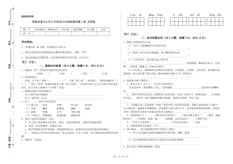 青海省重点小学小升初语文自我检测试题C卷 含答案.doc_第1页