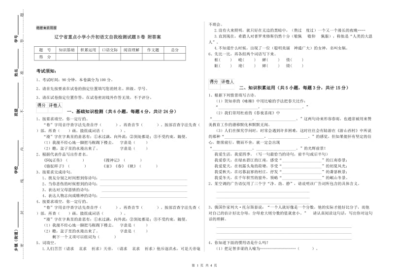 辽宁省重点小学小升初语文自我检测试题B卷 附答案.doc_第1页