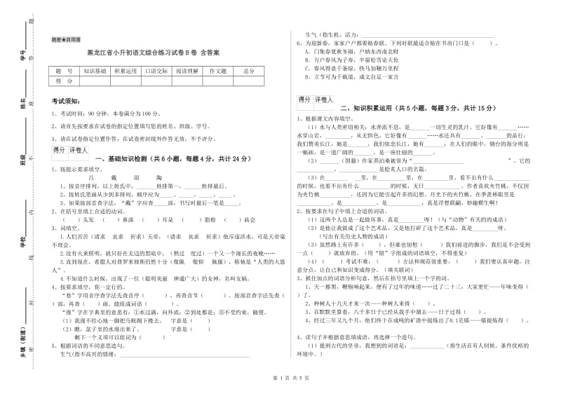 黑龙江省小升初语文综合练习试卷B卷 含答案.doc_第1页