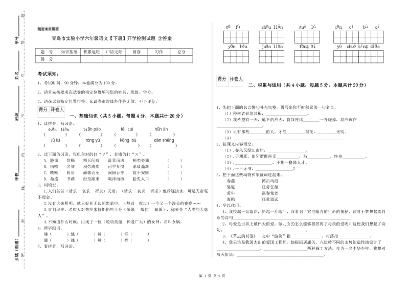 青岛市实验小学六年级语文【下册】开学检测试题 含答案.doc_第1页