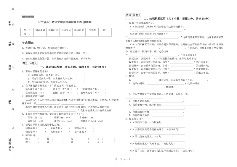 辽宁省小升初语文综合检测试卷C卷 附答案.doc_第1页