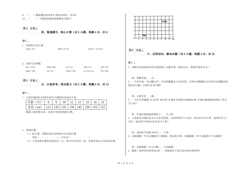 青海省2020年四年级数学【下册】全真模拟考试试题 含答案.doc_第2页