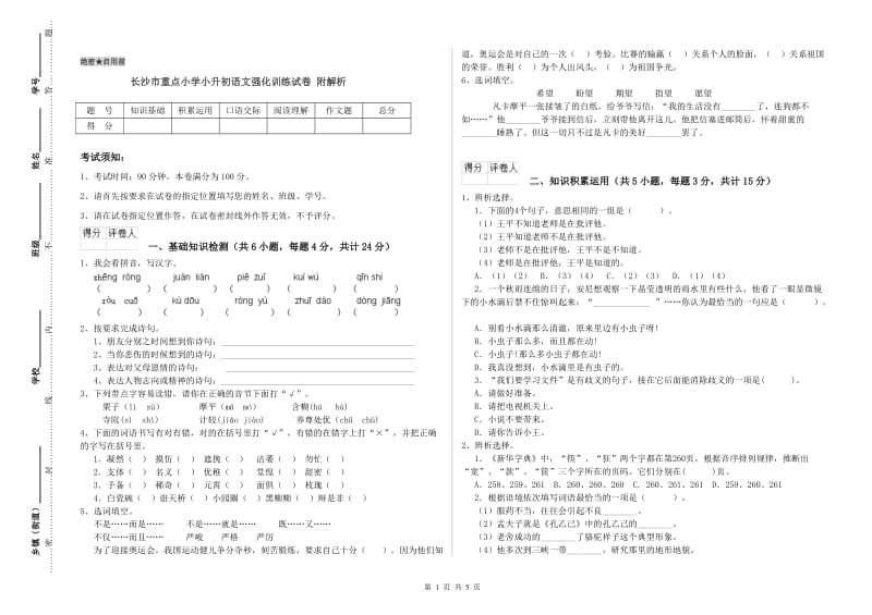 长沙市重点小学小升初语文强化训练试卷 附解析.doc_第1页