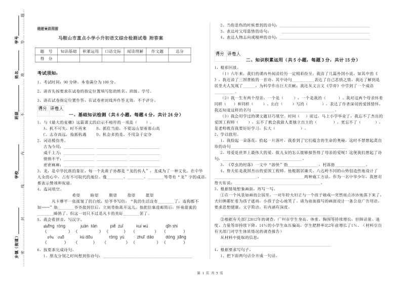 马鞍山市重点小学小升初语文综合检测试卷 附答案.doc_第1页