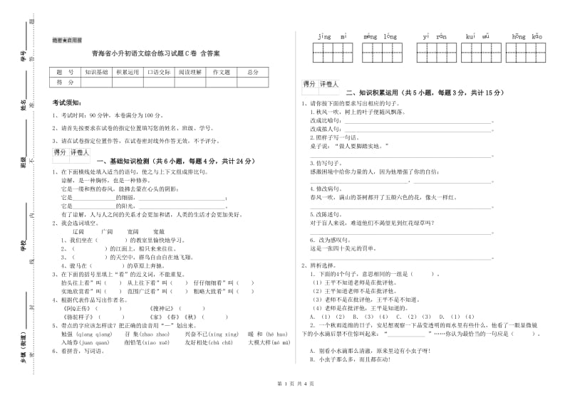 青海省小升初语文综合练习试题C卷 含答案.doc_第1页