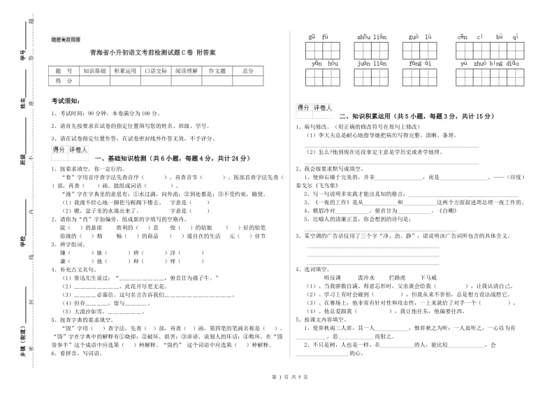 青海省小升初语文考前检测试题C卷 附答案.doc_第1页