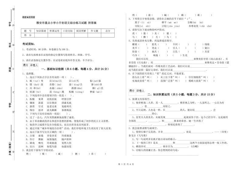 雅安市重点小学小升初语文综合练习试题 附答案.doc_第1页