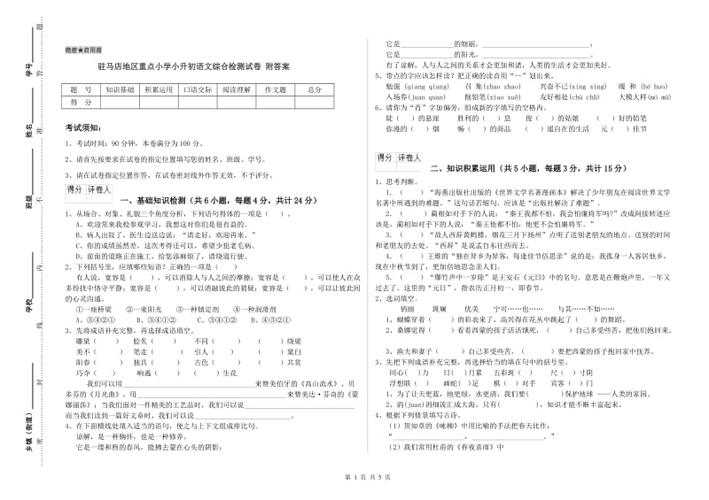 驻马店地区重点小学小升初语文综合检测试卷 附答案.doc_第1页