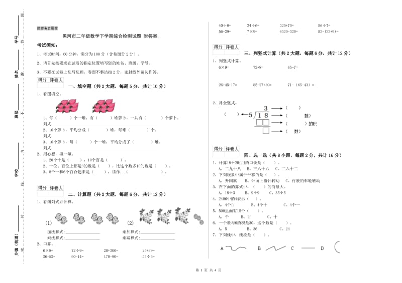 黑河市二年级数学下学期综合检测试题 附答案.doc_第1页