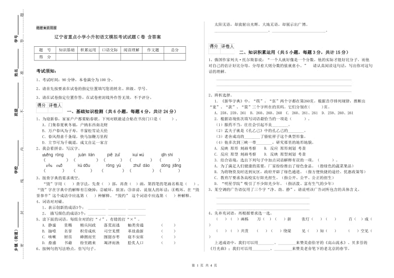 辽宁省重点小学小升初语文模拟考试试题C卷 含答案.doc_第1页