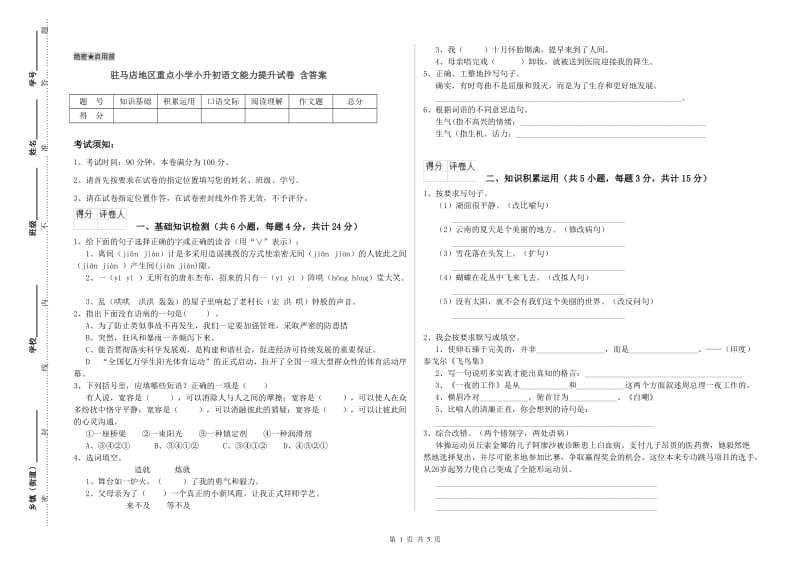 驻马店地区重点小学小升初语文能力提升试卷 含答案.doc_第1页