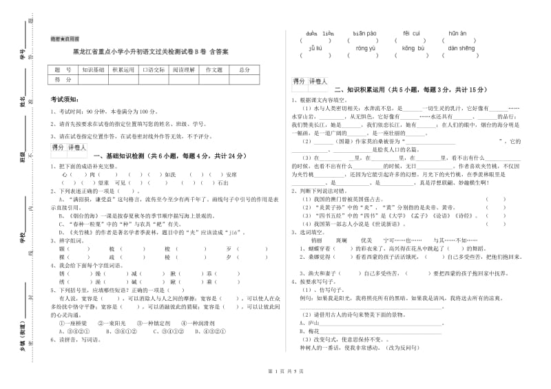 黑龙江省重点小学小升初语文过关检测试卷B卷 含答案.doc_第1页