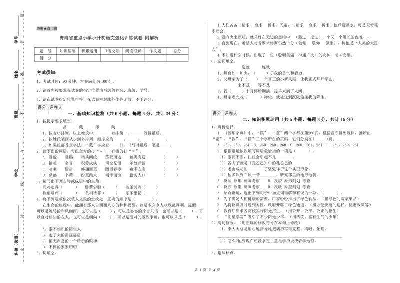 青海省重点小学小升初语文强化训练试卷 附解析.doc_第1页