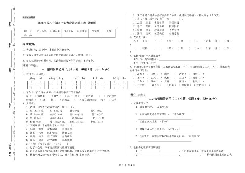 黑龙江省小升初语文能力检测试卷C卷 附解析.doc_第1页