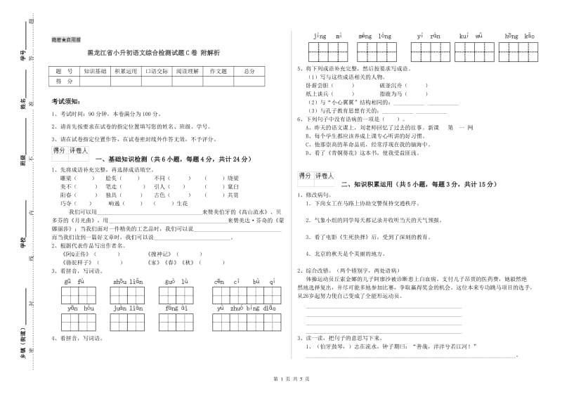 黑龙江省小升初语文综合检测试题C卷 附解析.doc_第1页