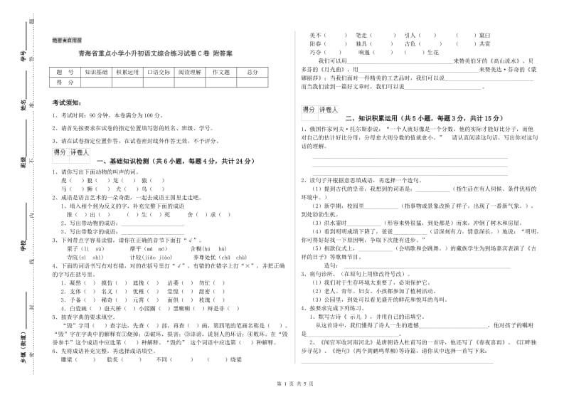 青海省重点小学小升初语文综合练习试卷C卷 附答案.doc_第1页