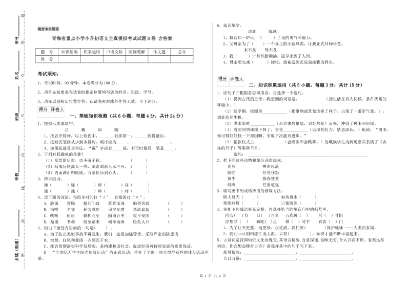 青海省重点小学小升初语文全真模拟考试试题B卷 含答案.doc_第1页