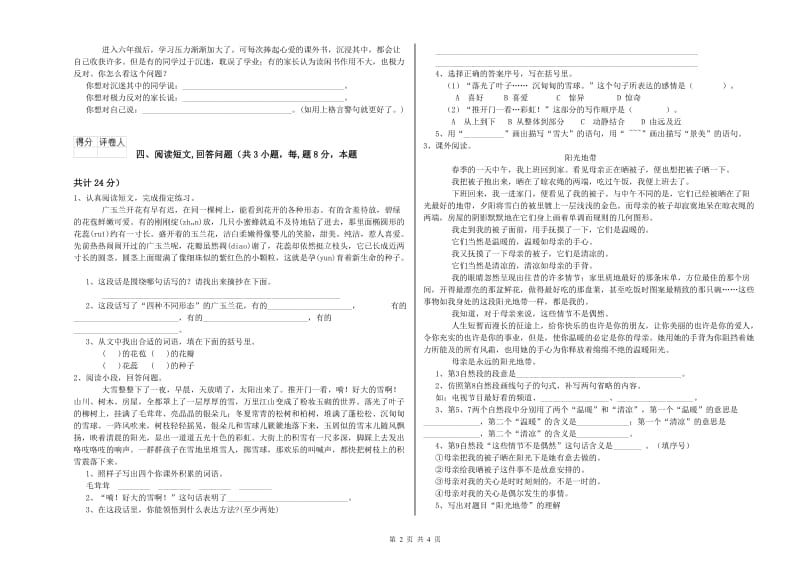 黔南布依族苗族自治州实验小学六年级语文【上册】开学检测试题 含答案.doc_第2页