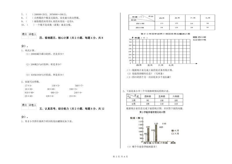 青海省2020年四年级数学上学期自我检测试卷 附答案.doc_第2页