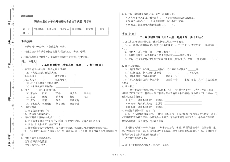 雅安市重点小学小升初语文考前练习试题 附答案.doc_第1页