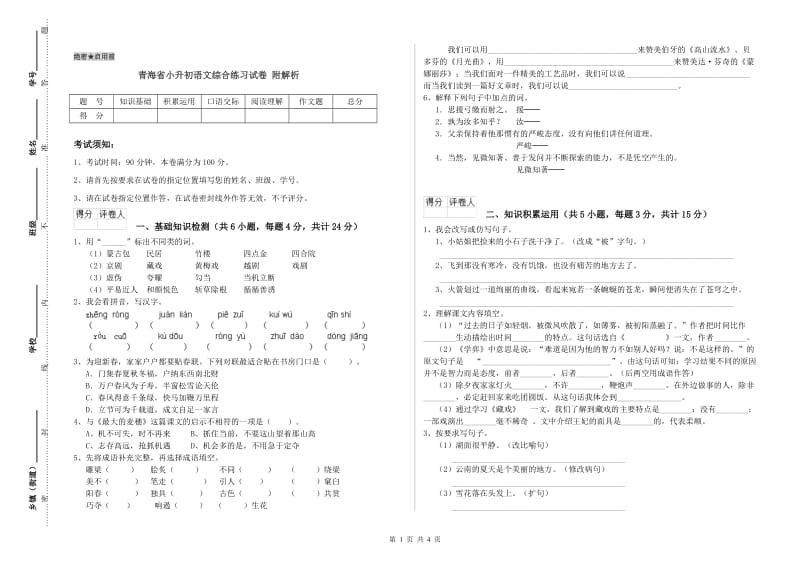 青海省小升初语文综合练习试卷 附解析.doc_第1页