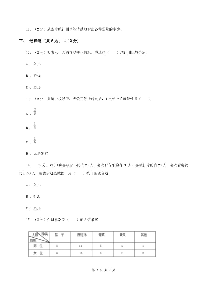 北师大版2020年小升初数学备考专题 统计与可能性综合卷（I）卷.doc_第3页