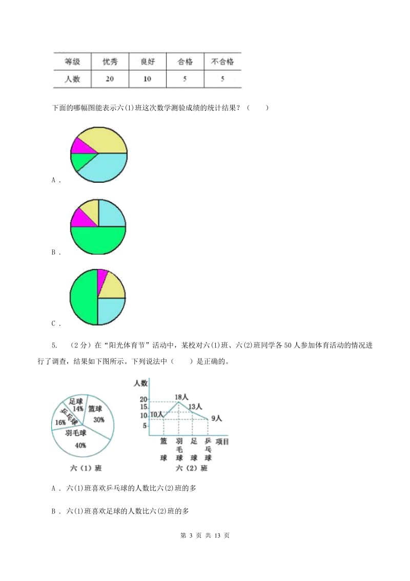 北师大版六年级上册数学期末专项复习冲刺卷（七）：扇形统计图（II ）卷.doc_第3页