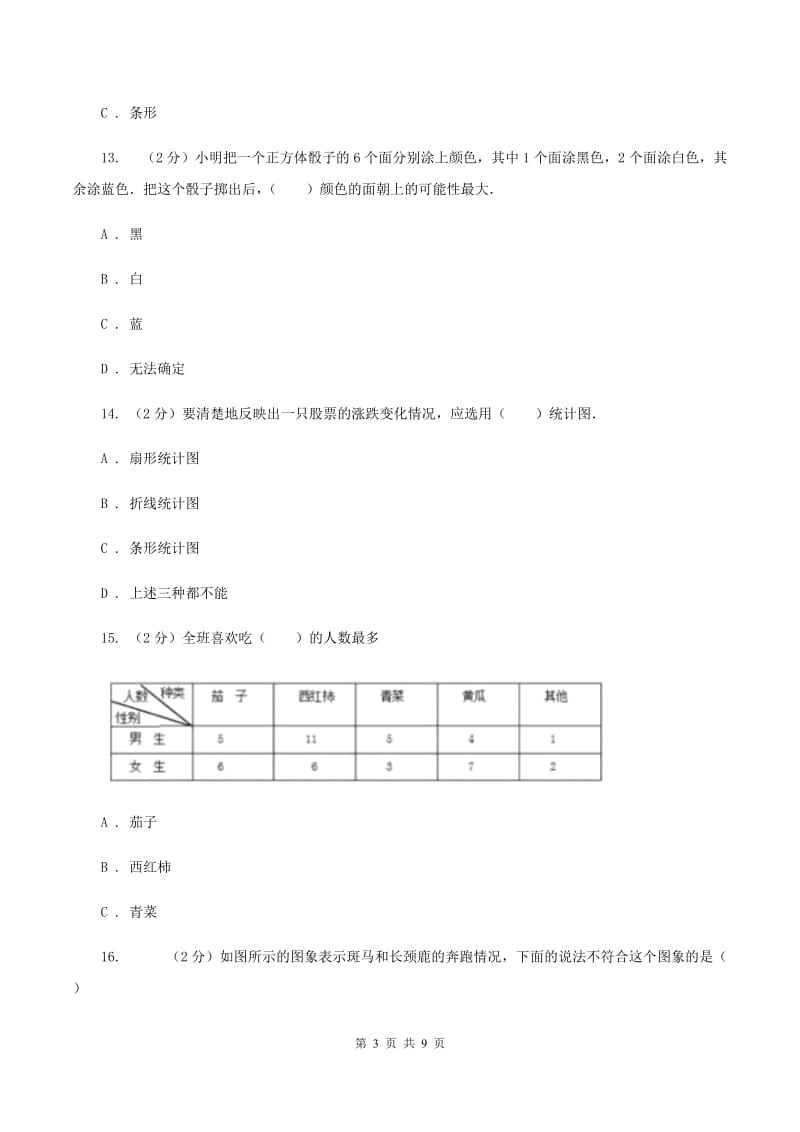 人教版2020年小升初数学备考专题 统计与可能性综合卷（I）卷.doc_第3页