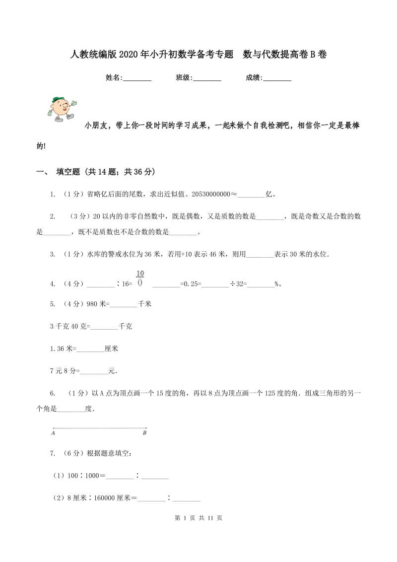 人教统编版2020年小升初数学备考专题 数与代数提高卷B卷.doc_第1页