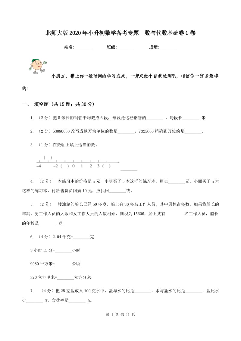 北师大版2020年小升初数学备考专题 数与代数基础卷C卷.doc_第1页