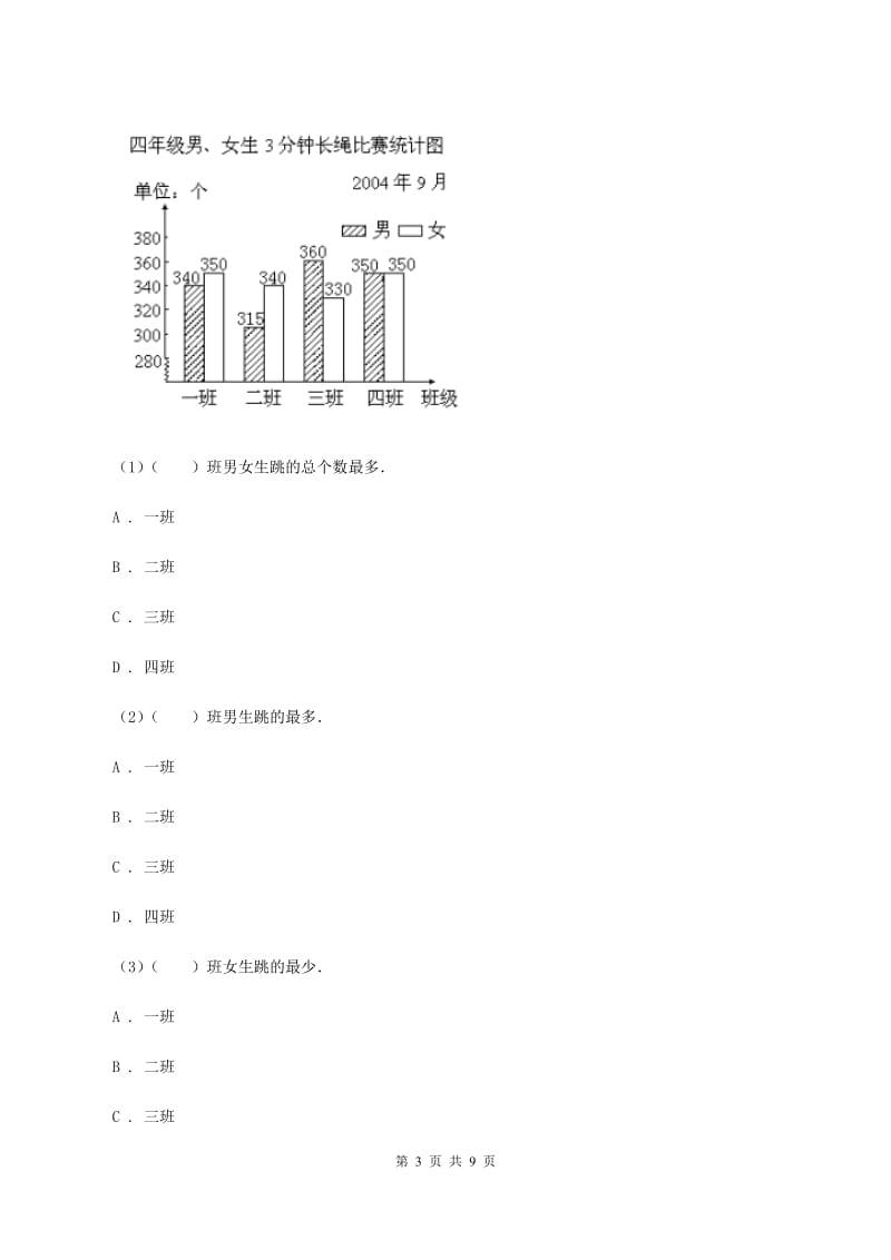 人教版小学数学四年级下册 第八单元 8.2复式条形统计图 同步练习 B卷.doc_第3页