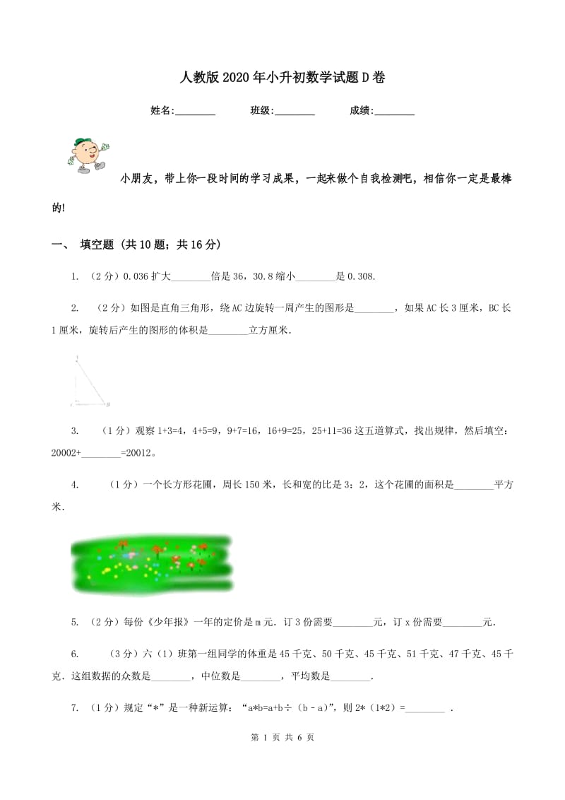 人教版2020年小升初数学试题D卷.doc_第1页