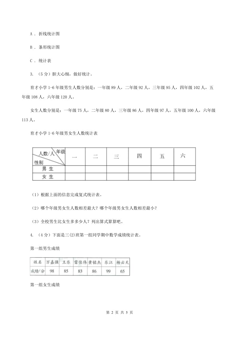 2019-2020学年小学数学人教版三年级下册 第三单元复式统计表单元卷C卷.doc_第2页