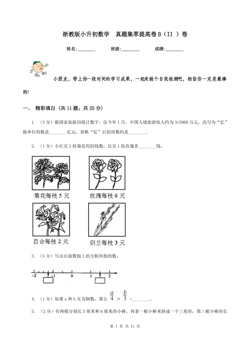 浙教版小升初数学 真题集萃提高卷B（II ）卷.doc_第1页