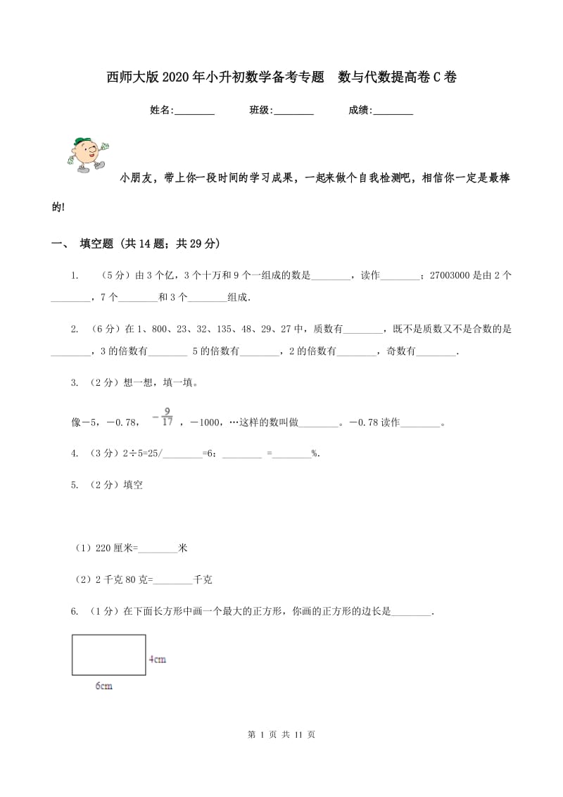 西师大版2020年小升初数学备考专题 数与代数提高卷C卷.doc_第1页