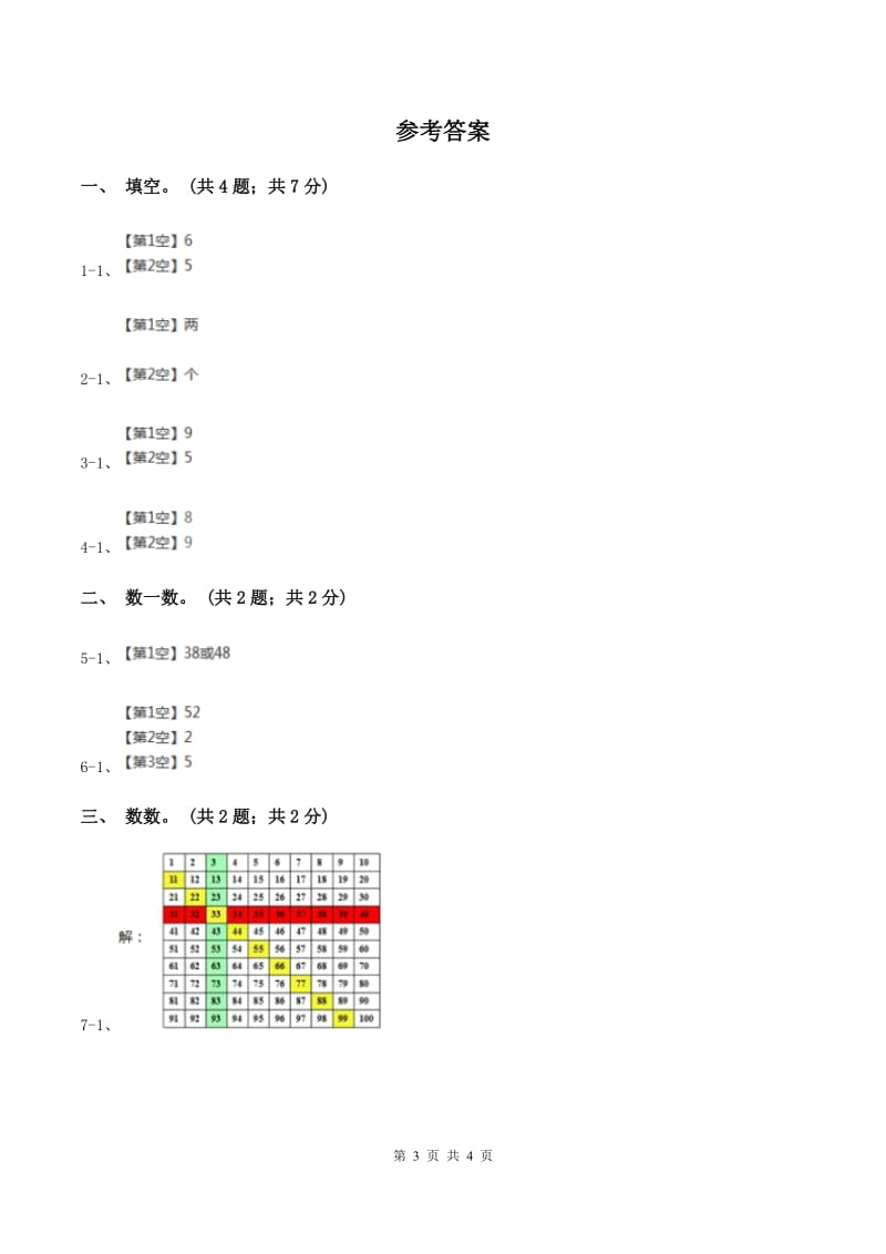 2019-2020学年小学数学冀教版一年级下册 3.3 100以内数的组成 同步练习（II ）卷.doc_第3页