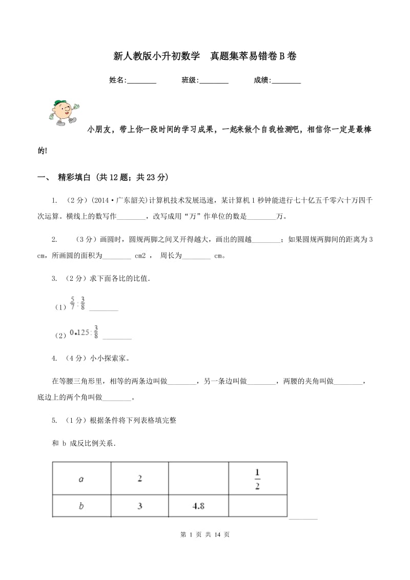 新人教版小升初数学 真题集萃易错卷B卷.doc_第1页