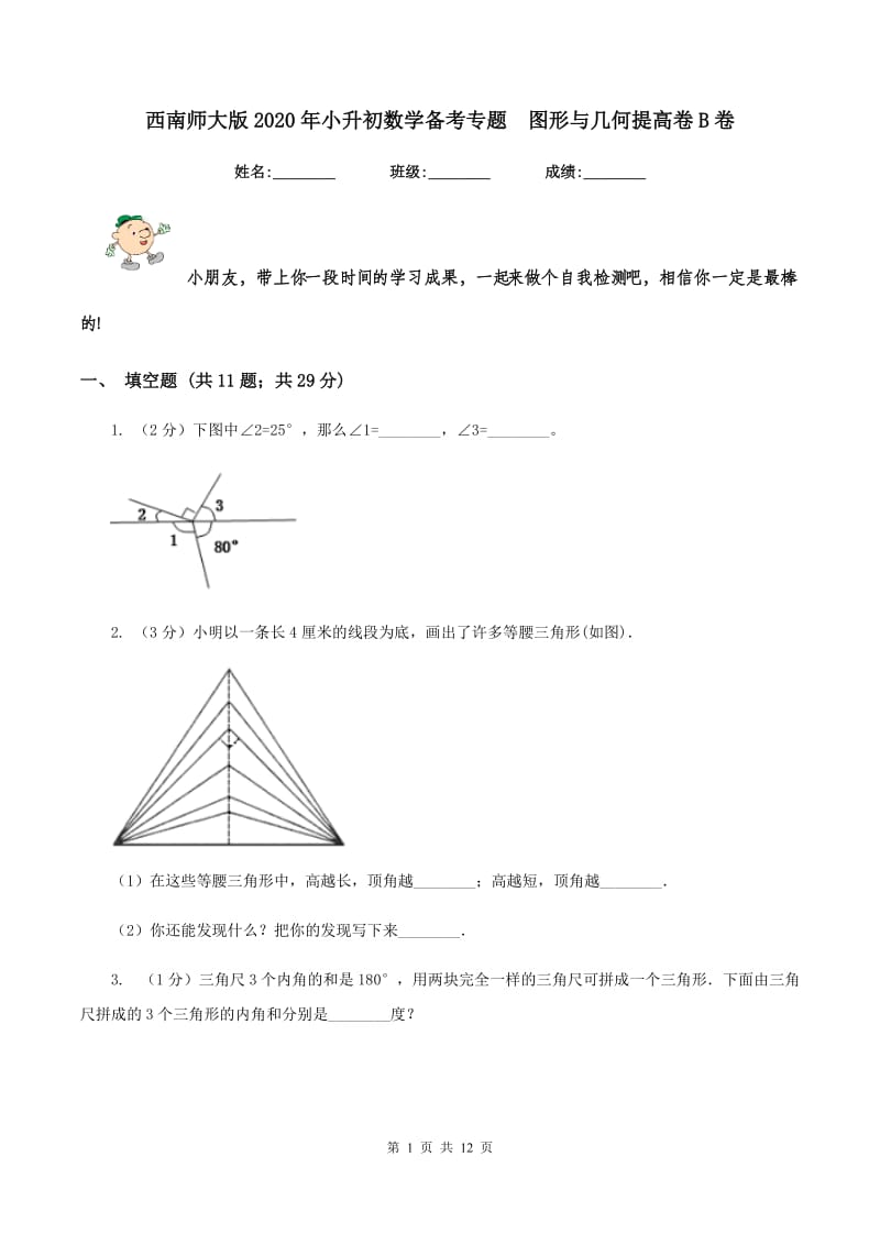 西南师大版2020年小升初数学备考专题 图形与几何提高卷B卷.doc_第1页